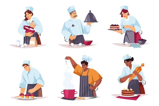 Conjunto de ilustração vetorial com chef de cozinha Homem e mulher no trabalho de padaria Pessoas fazendo bolo de pastelaria donut batendo ovo Personagem de desenho animado na cozinha Culinária e cozimento tema cozinheiro doce