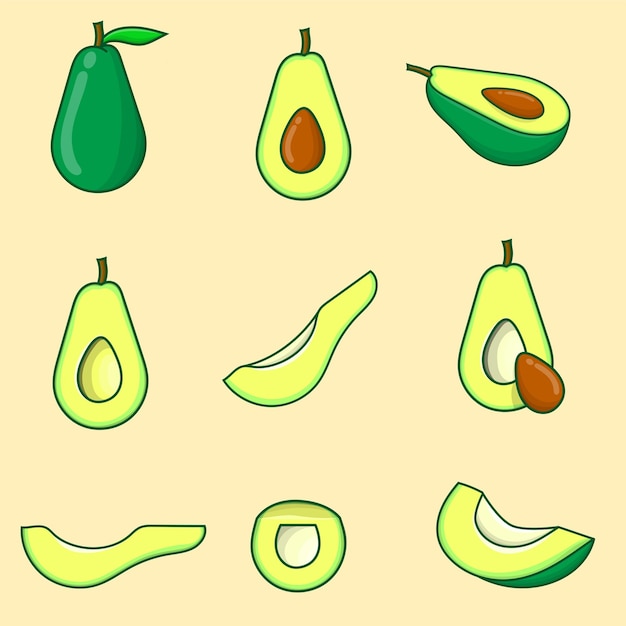 Vetor conjunto de ilustração vetorial de abacate. coleção de frutas isoladas de abacate fatiadas com fundo amarelo