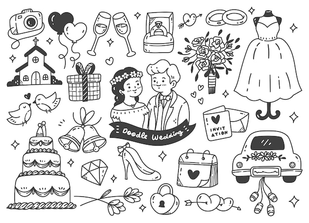 Vetor conjunto de ilustração vetorial de arte de linha de doodle de casamento