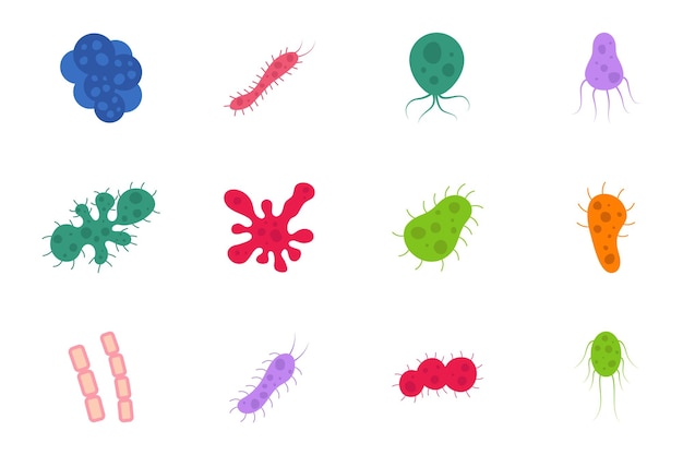Conjunto de ilustração vetorial de bactérias e vírus em estilo plano Vírus e micróbios bacterianos causadores de doenças