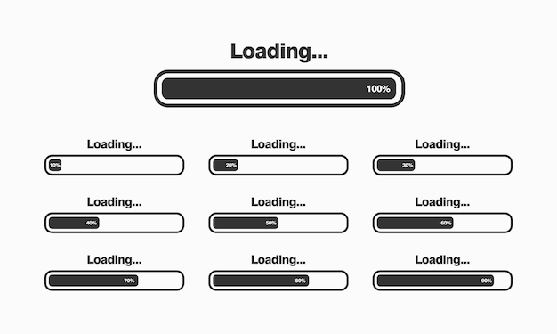 Vetor conjunto de ilustração vetorial de barra de carregamento. visualização do progresso. carregando coleção de status. elementos de design da web, carregando modelo de vetor de infográfico