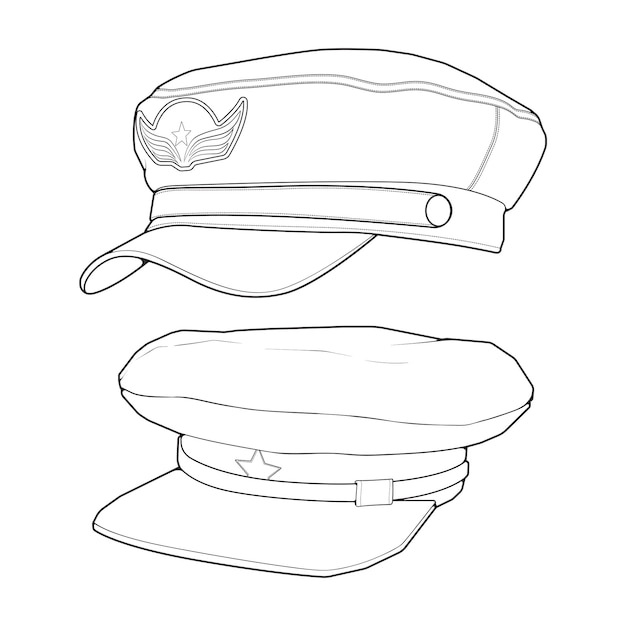 Conjunto de ilustração vetorial de boné militar de contorno isolada em fundo branco vetor de boné militar de contorno para livro de colorir