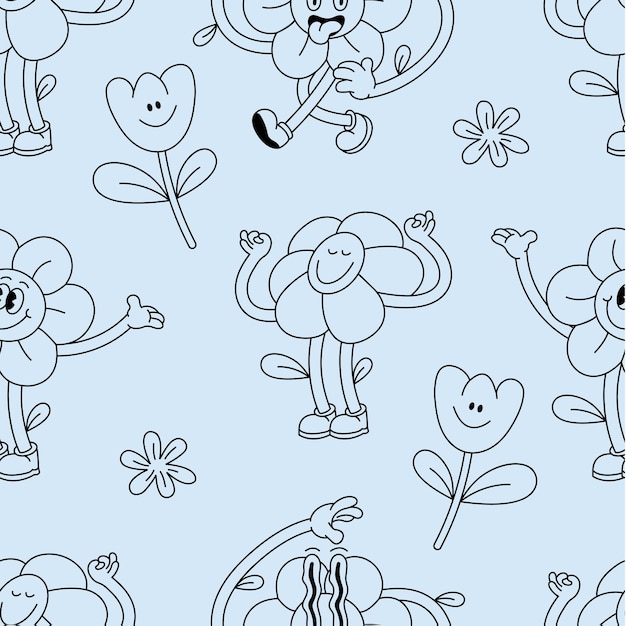 Conjunto de ilustração vetorial de caracteres de flores em estilo retrô. padrão sem costura