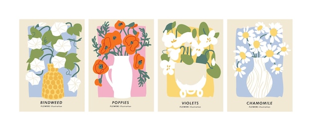 Conjunto de ilustração vetorial de cartazes botânicos flores diferentes arte para fundo de banner de arte de parede de cartões postais