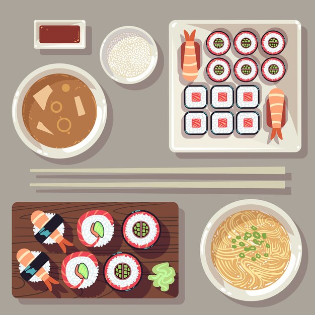 Conjunto de ilustração vetorial de comida japonesa