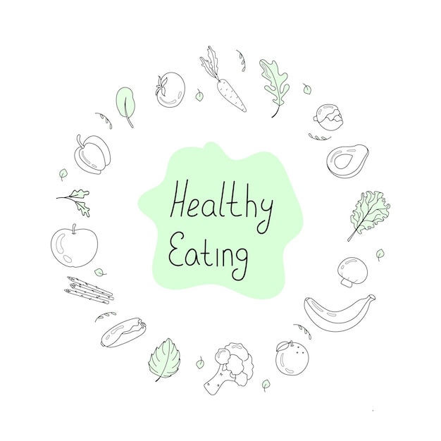 Conjunto de ilustração vetorial de comida saudável no estilo doodle