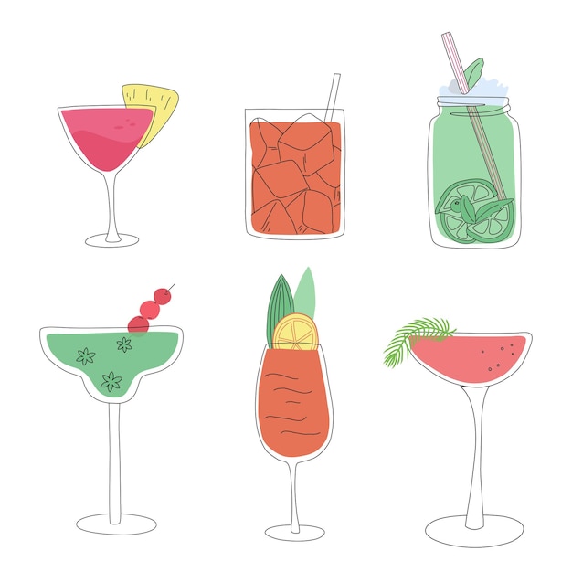 Conjunto de ilustração vetorial de coquetéis bebidas mistas alcoólicas decoradas com frutas e bagas