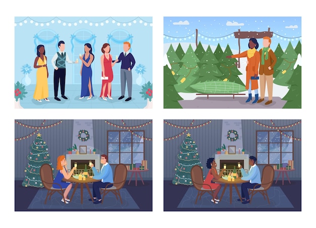 Conjunto de ilustração vetorial de cores planas de preparação de férias de natal