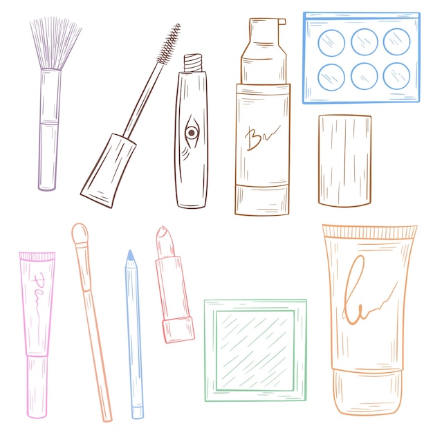 Conjunto de ilustração vetorial de desenho feito à mão de cosméticos decorativos