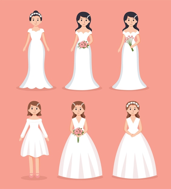 Vetor conjunto de ilustração vetorial de desenhos animados de casamento de noiva