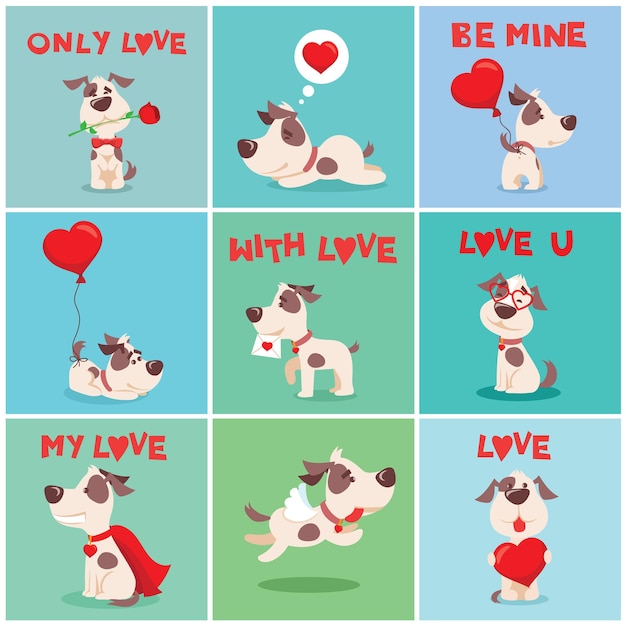 Conjunto de ilustração vetorial de desenhos animados fofos e engraçados, pequenos cães dos namorados-cachorrinhos apaixonados por coração, rosa, asas e balão no estilo simples