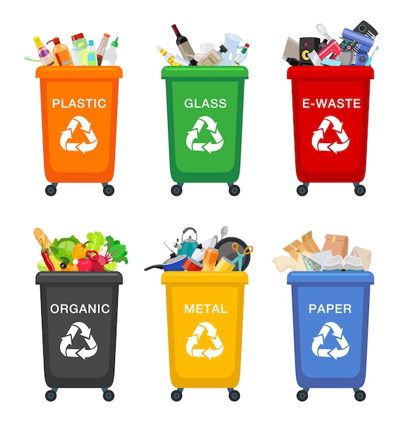 Conjunto de ilustração vetorial de desenhos animados recipientes de lixo diferente. caixotes de lixo para metal, lixo eletrônico, plástico, vidro, lixo orgânico e papel. separação de resíduos e reciclagem, conceito de proteção ambiental