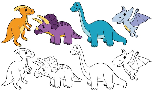 Conjunto de ilustração vetorial de dinossauros de desenho animado e variantes para livro de colorir