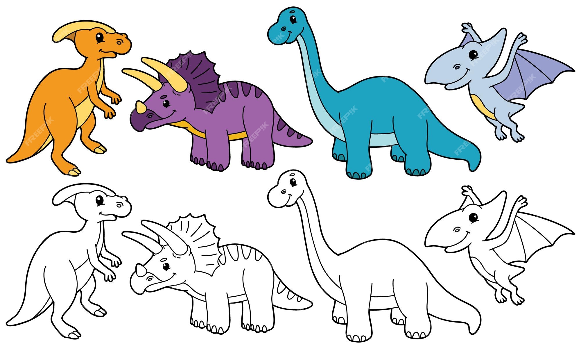 conjunto de dinossauros pré-históricos dos desenhos animados, livro de  colorir para crianças, ilustração de contorno 8945616 Vetor no Vecteezy