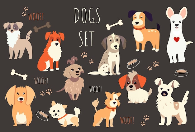 Cachorros de desenho animado criam animais de estimação personagens fofinhos  design plano de cachorros fofos e ilustração vetorial de filhotes