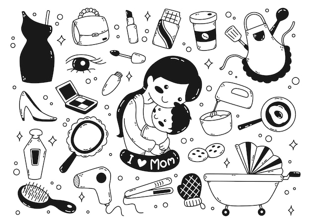 Conjunto de ilustração vetorial de doodles de objetos relacionados à mãe