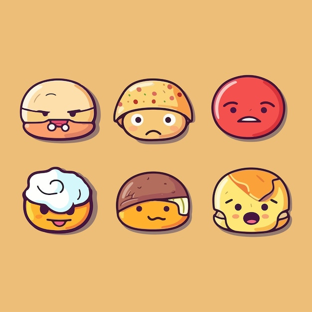 Conjunto de ilustração vetorial de emoji de comida de desenho animado fofo coleção kawaii