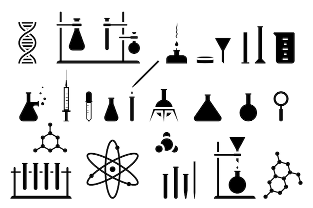 Vetor conjunto de ilustração vetorial de equipamentos de laboratório de química pesquisa química de pictograma de silhueta de ícone de tecnologia científica