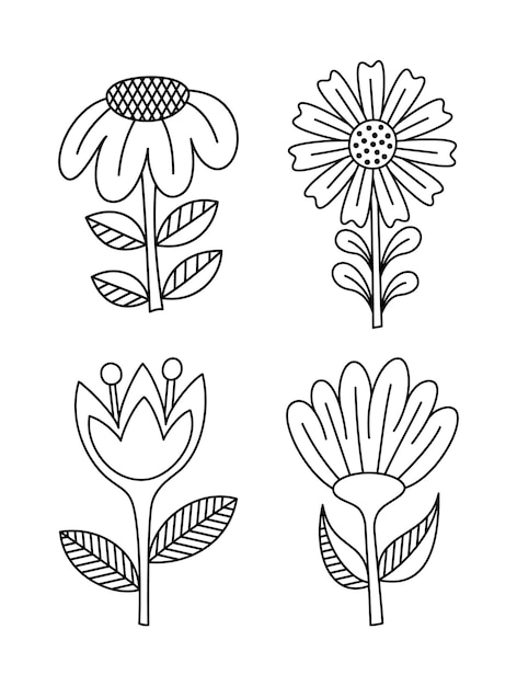 Conjunto de ilustração vetorial de flores de linha de rabiscos desenhados à mão