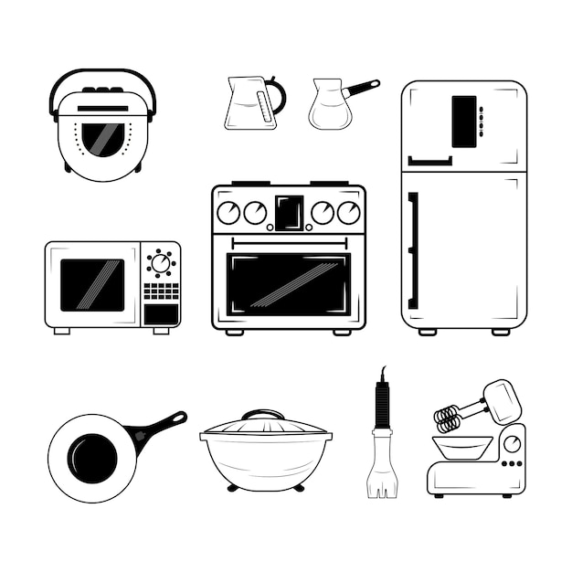 Conjunto de ilustração vetorial de ícones preto e branco para cozinha, geladeira, microondas, desenhos animados, fogão elétrico, liquidificador, frigideira, chaleira, eps 10