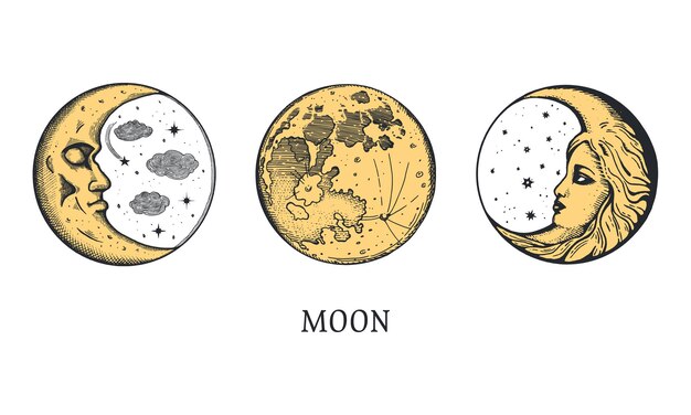 Conjunto de ilustração vetorial de lua e sol Ilustrações de sol crescente da lua em estilo de gravação