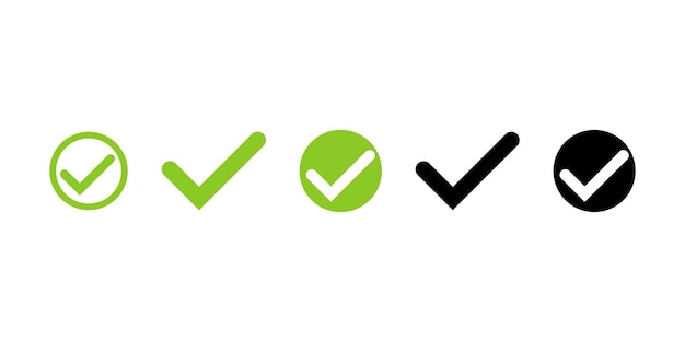 Conjunto de ilustração vetorial de marca de seleção preta e verde sinal ok ícone de marca de lista de verificação