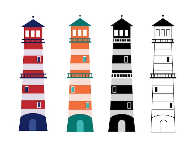 Conjunto de ilustração vetorial de modelo de torres de objeto de navegação de farol isolada em fundo branco beacon ou beacon