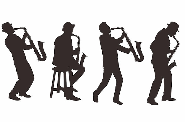 Conjunto de ilustração vetorial de saxofonista de músicos de jazz de silhueta