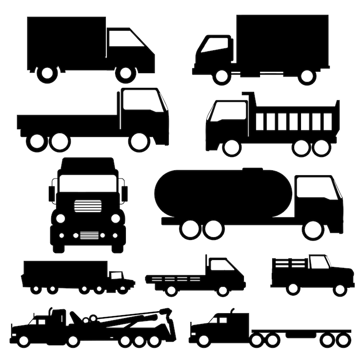 Vetor conjunto de ilustração vetorial de silhueta de ícones de caminhões diferentes