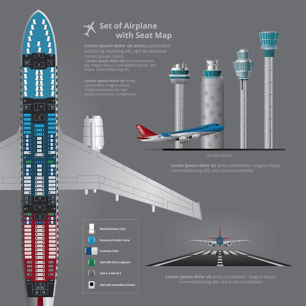 Vetor conjunto de ilustração vetorial isolada de avião com mapa de assentos