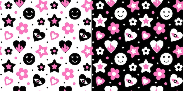 Conjunto de ilustração vetorial padrão emo sem costura fundo romântico gótico com corações rosa e preto estrelas olhos e flores estilo antigo dos anos 90 e 00