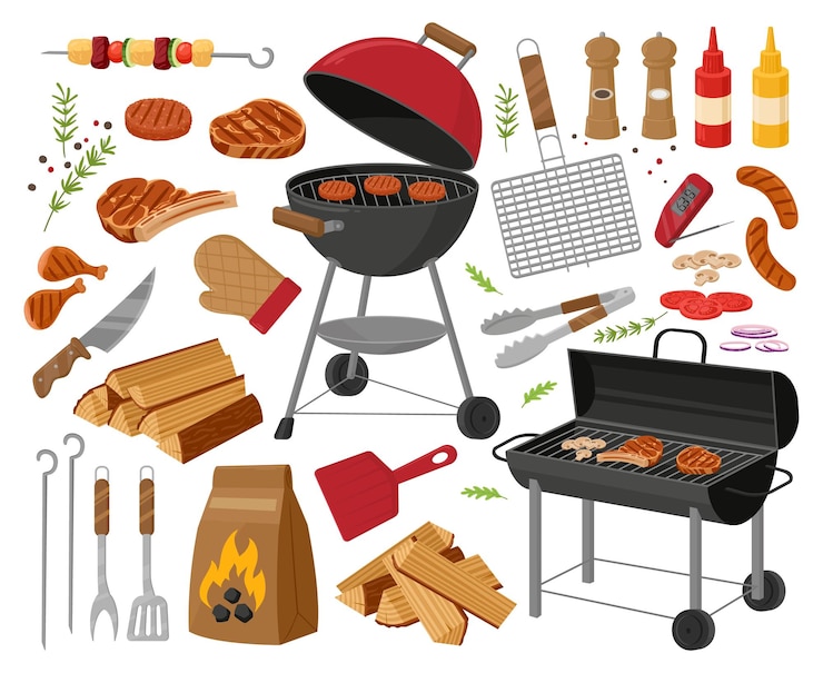 Vetor conjunto de ilustração vetorial plana de carne assada e legumes grelhados para churrasco de desenhos animados coleção de piquenique para churrasco