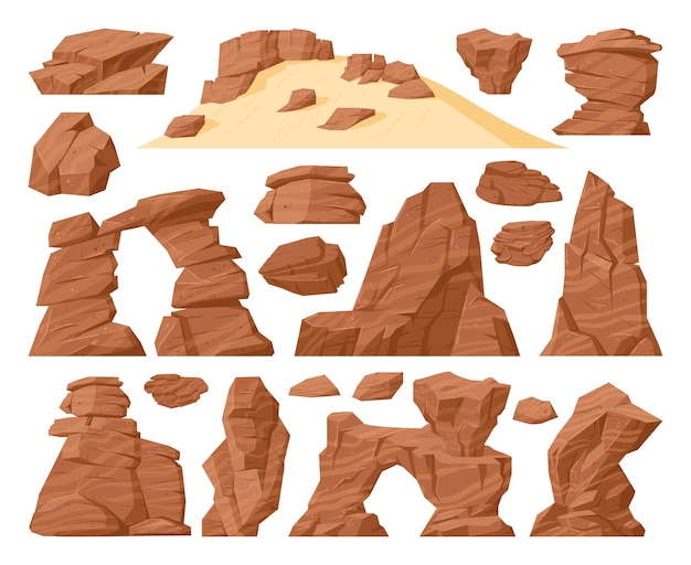 Conjunto de ilustração vetorial plana de elementos de paisagem de canyon de pedra de deserto de areia de desenho animado