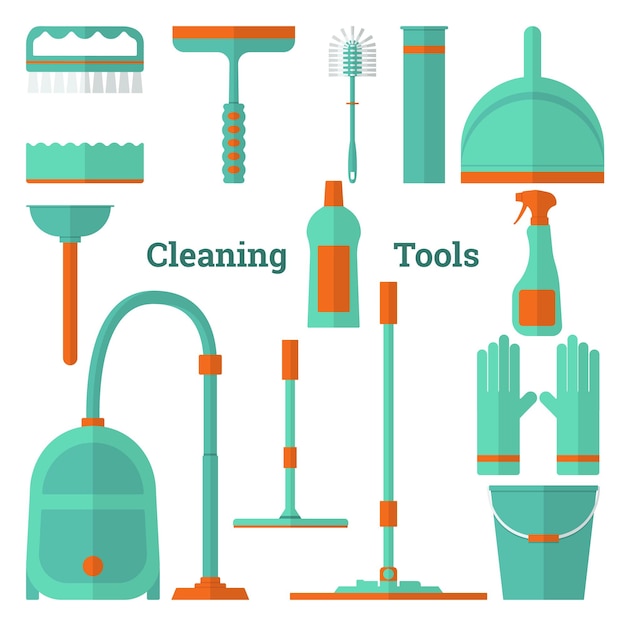 Vetor conjunto de ilustração vetorial plana de ferramentas para limpeza e limpeza de equipamentos ícones do vetor