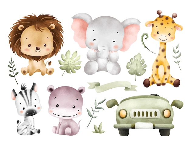Conjunto de ilustrações aquareladas de animais de safári