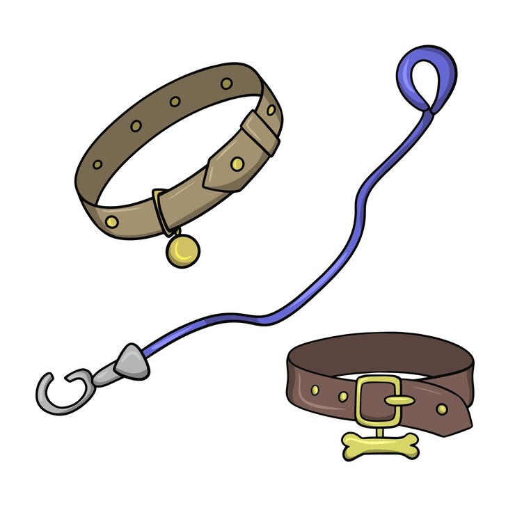 Vetor conjunto de ilustrações coleira de couro marrom com coleira de ouro para caminhar vetor em desenho animado
