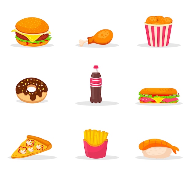 Conjunto de ilustrações coloridas de desenhos animados de fast-food. Lanche, pacote de clipart de cores de junk food. Elementos do menu de bistrô. Variedade de cafés e pizzarias. Hambúrguer, batata frita, cachorro-quente, sushi, refrigerante