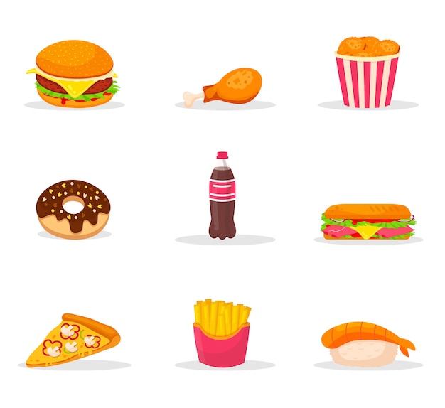 Conjunto de ilustrações coloridas de desenhos animados de fast-food. lanche, pacote de clipart de cores de junk food. elementos do menu de bistrô. variedade de cafés e pizzarias. hambúrguer, batata frita, cachorro-quente, sushi, refrigerante