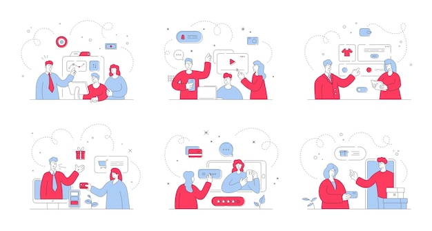 Conjunto de ilustrações com homens e mulheres modernos, assistindo e ouvindo ofertas de anúncios de gerentes enquanto faziam compras online juntos. ilustração de estilo, arte de linha fina