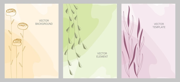 Conjunto de ilustrações criativas e minimalistas pintadas à mão com folhas de ramos decorativos e manchas de cor abstratas para design de capa de folheto de cartaz de cartão postal x9