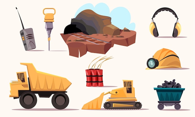 Vetor conjunto de ilustrações da indústria de mineração extração de minerais de equipamentos e ferramentas de mineração da indústria de matérias-primas da terra