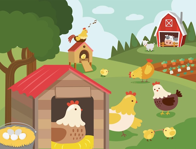 Conjunto de ilustrações de animais de fazenda fofos e casa de fazenda