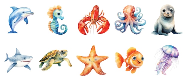 Conjunto de ilustrações de animais marinhos em aquarela em fundo branco