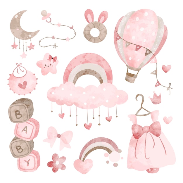 Vetor conjunto de ilustrações de aquarela de nursery clipart para menina