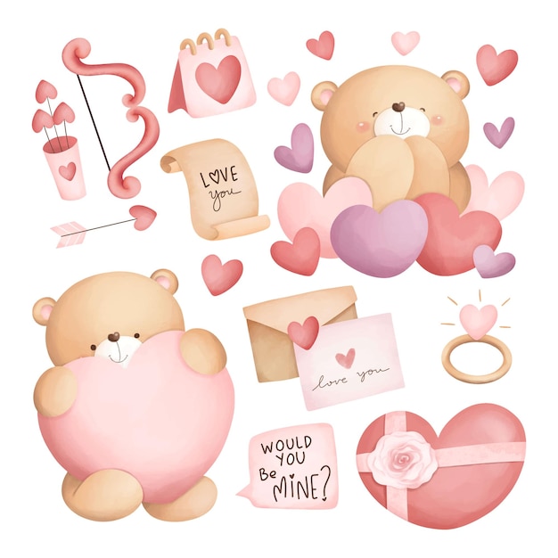 Conjunto de ilustrações de aquarela de ursinhos de pelúcia e elementos de Valentine