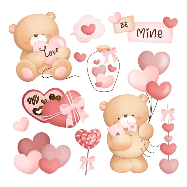 Conjunto de ilustrações de aquarela de ursinhos de pelúcia e elementos de Valentine