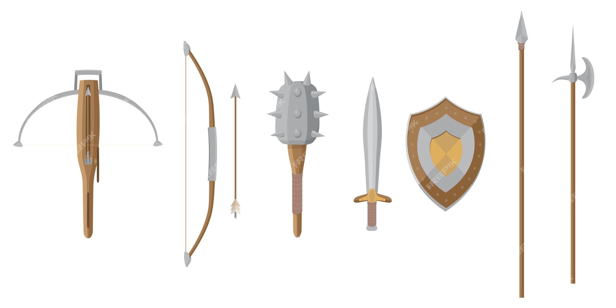 Loja de jogos com armas medievais e escudos para viking, cavaleiro ou  guerreiro. elemento de interface de desenho vetorial com espadas e  machados, moldura dourada, fita vermelha e botões