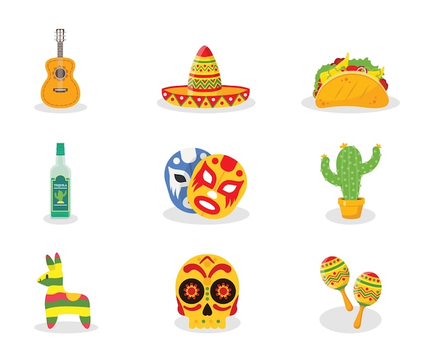 Conjunto de ilustrações de atributos do méxico sombrero de guitarra e taco comida e bebida tradicionais mexicanas tequila luchador máscaras e cactos símbolos nacionais autênticos crânio ornamentado e maracas