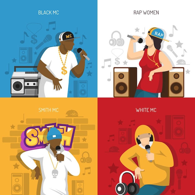 Conjunto de ilustrações de cantores populares de rap