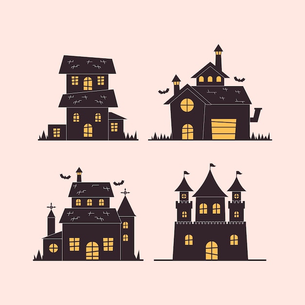 Conjunto de ilustrações de castelo e casa assombrada